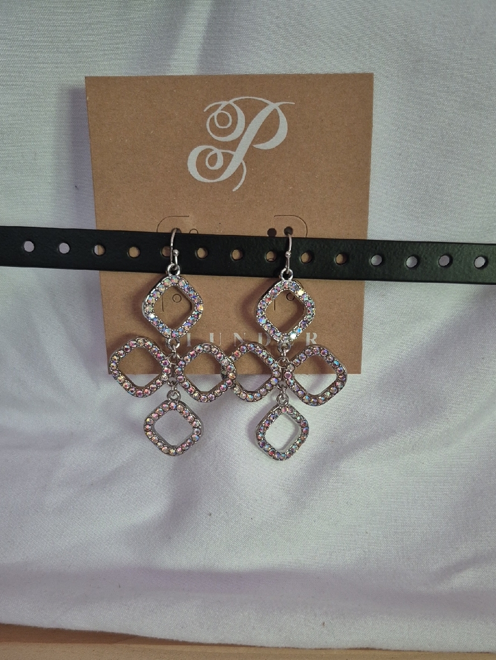 Plunder Silver Crystal Linked Square Dangle Earrings